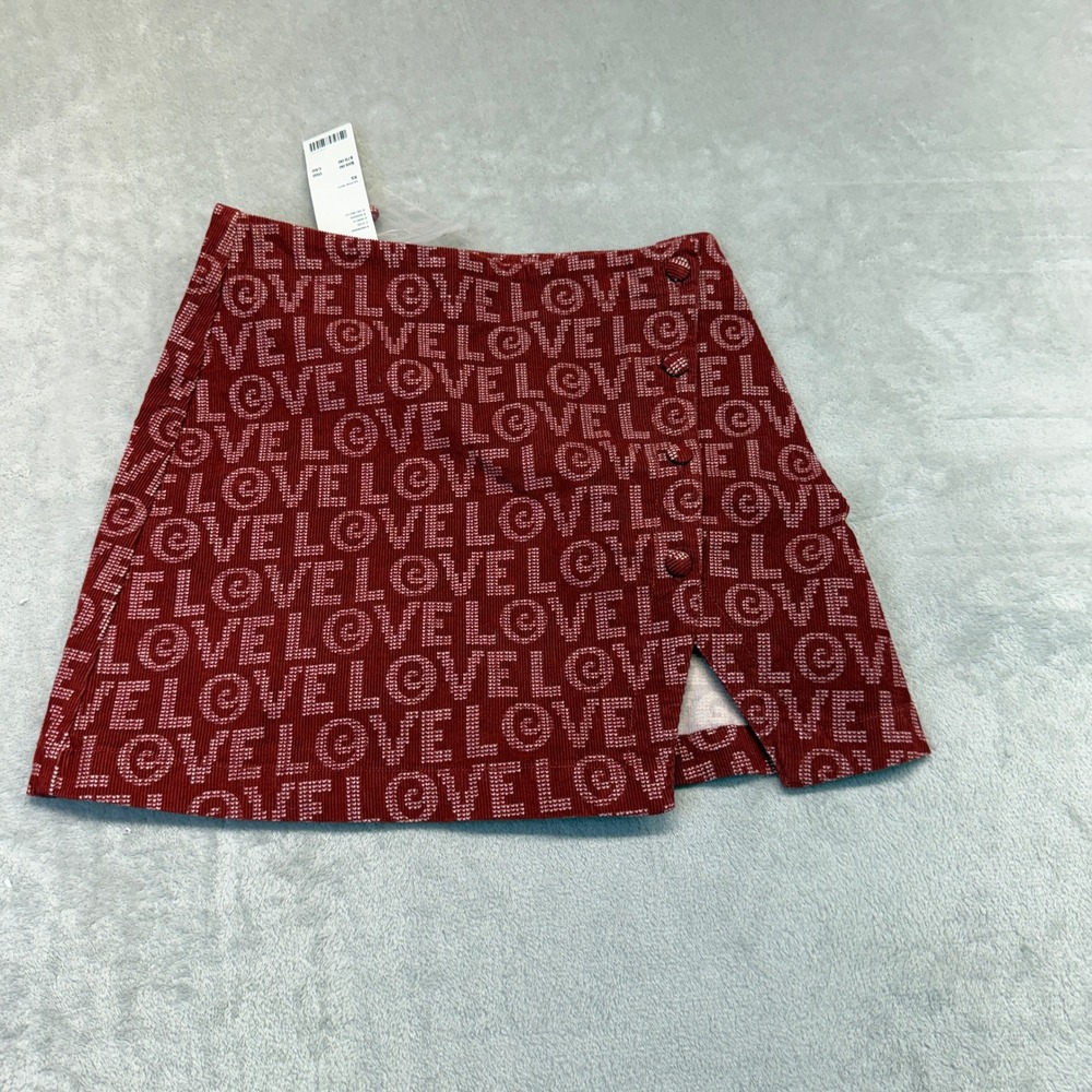 Urban Outfitters Skirt Women's XS Mini Red Love‎ Print Corduroy Button Slit Y2K